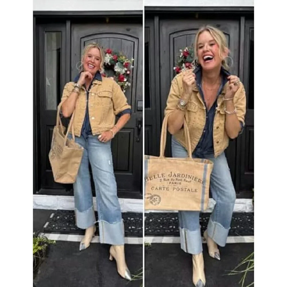 Cropped Denim Jacket with Rivet Studs, Distressed White, Button Cuffs